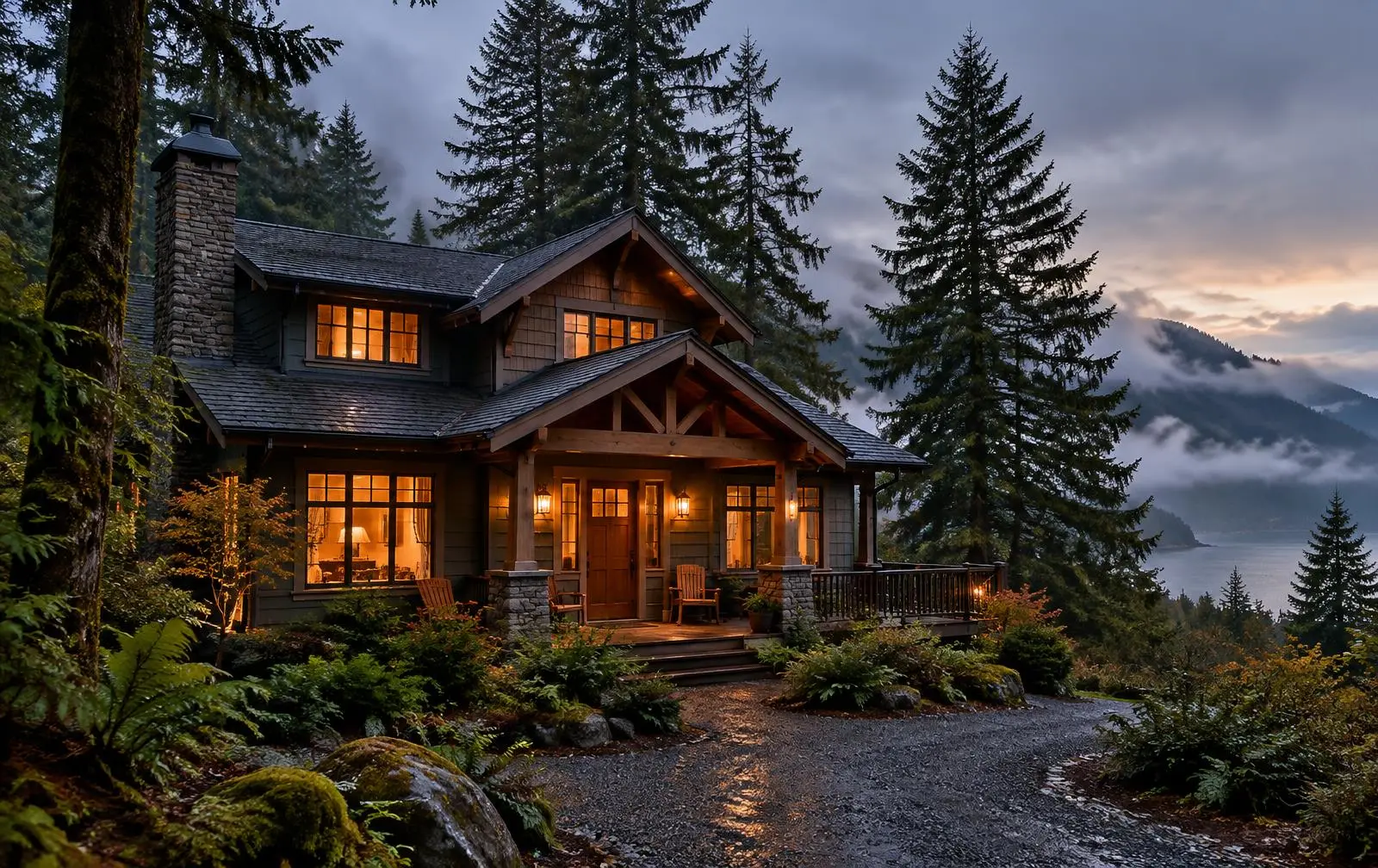 Pacific Northwest craftsman home among evergreen trees lit warmly at dusk near Port Hadlock, WA